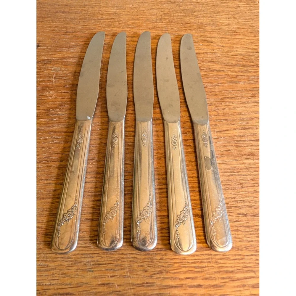 Vintage Tudor Stainless Floral Scroll Dinner Knives Set of 5 Flatware Silverware